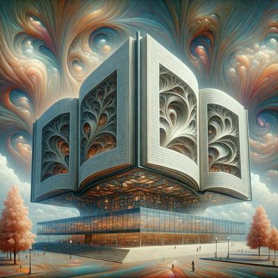 The primary subject of the image is a large, open book that is floating in the air. The book is positioned in the center of the scene, and it appears to be the main focus of the image. The setting is a building with a large window, and the visual style is a combination of digital art and illustration. The colors in the image are predominantly shades of orange and brown, creating a warm and inviting atmosphere.